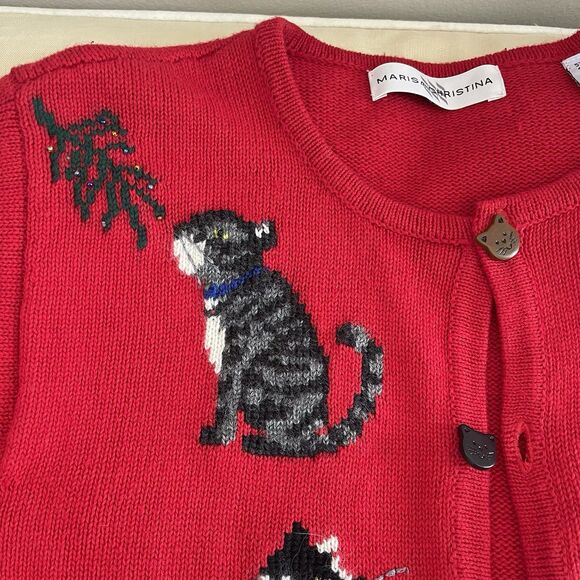 vintage marisa christina Red sweater Cat Bell Christmas M - Picture 6 of 14